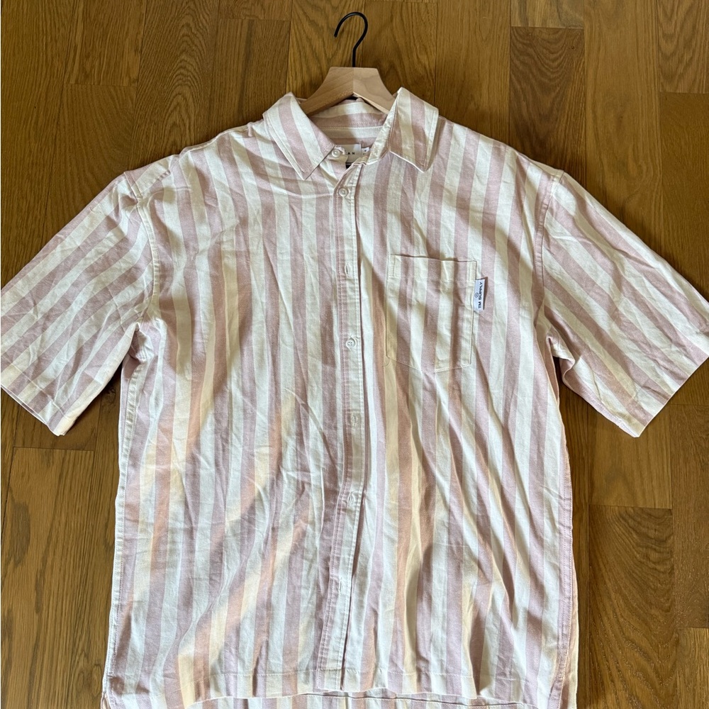 Topman Pink and White Vertical Stripe Short Sleeve Button-Up Shirt